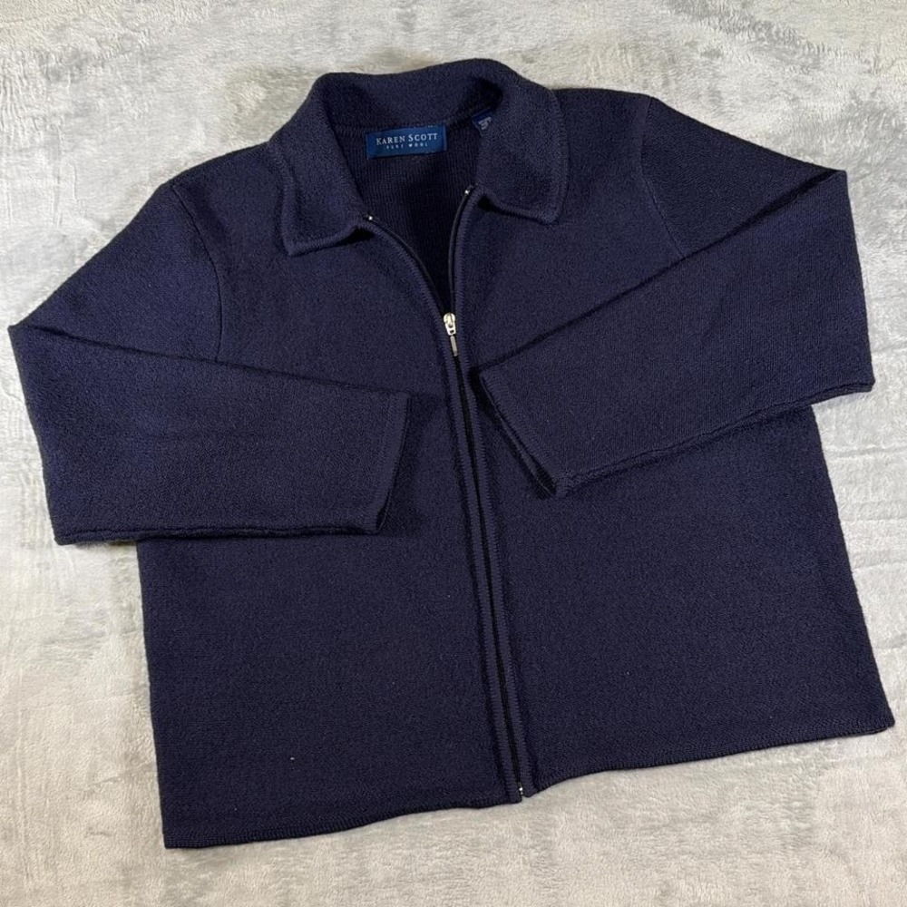 90 Vintage Karen Scott 100% Pure Wool Zip Sweater | Navy Blue |‎ XL